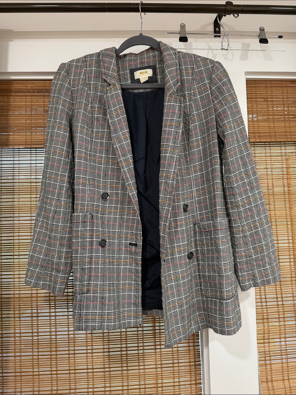 Anthropologie Gray Plaid Double-Breasted Blazer with Subtle Pink Stripe